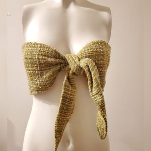 Kaylee Kollection Bando Yellow And Green Tweed Top Front Tie Size Small